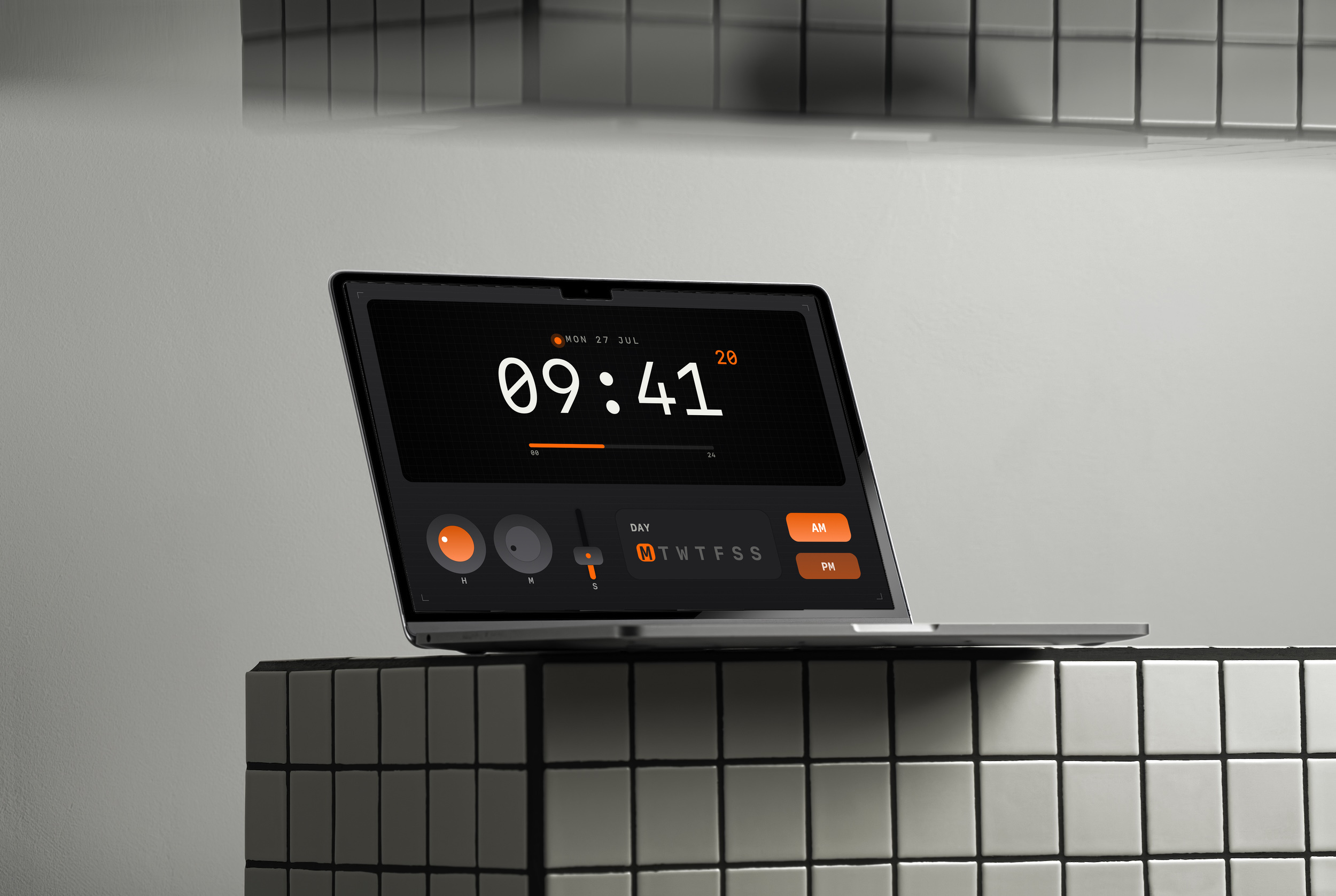 the same MacBook Pro running the engineering clock screen saver in graphite, with a soft-grey LCD